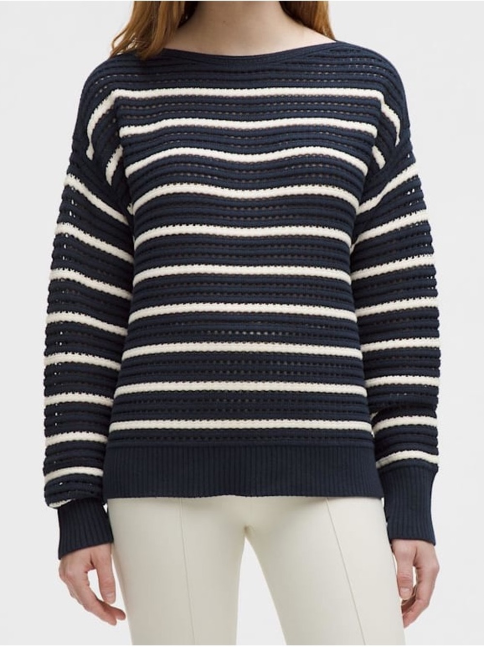 Lululemon Navy and Cream Striped Cotton Crochet Pullover
